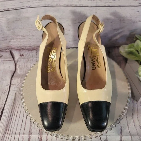 Salvatore Ferragamo Vintage Leather Slingback Heels Cream Black Cap Toe Size 8.5 - Picture 4 of 12